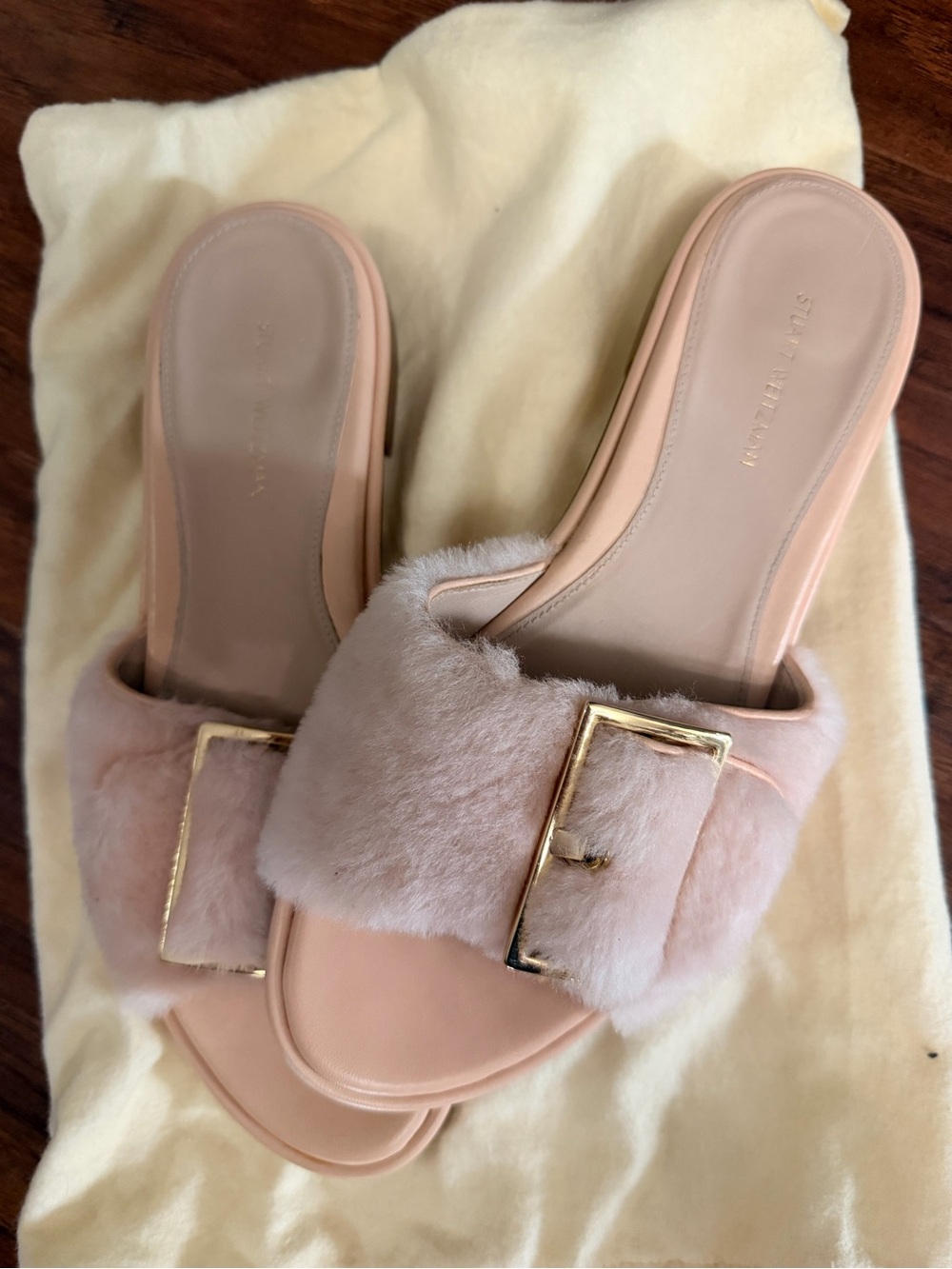 Stuart Weitzman Blush Pink Fur Buckle Slide Mules